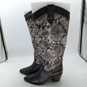 Frye Sara Wingtip Boots Womens Sz 6 Black Snake Western Knee High Leather #90